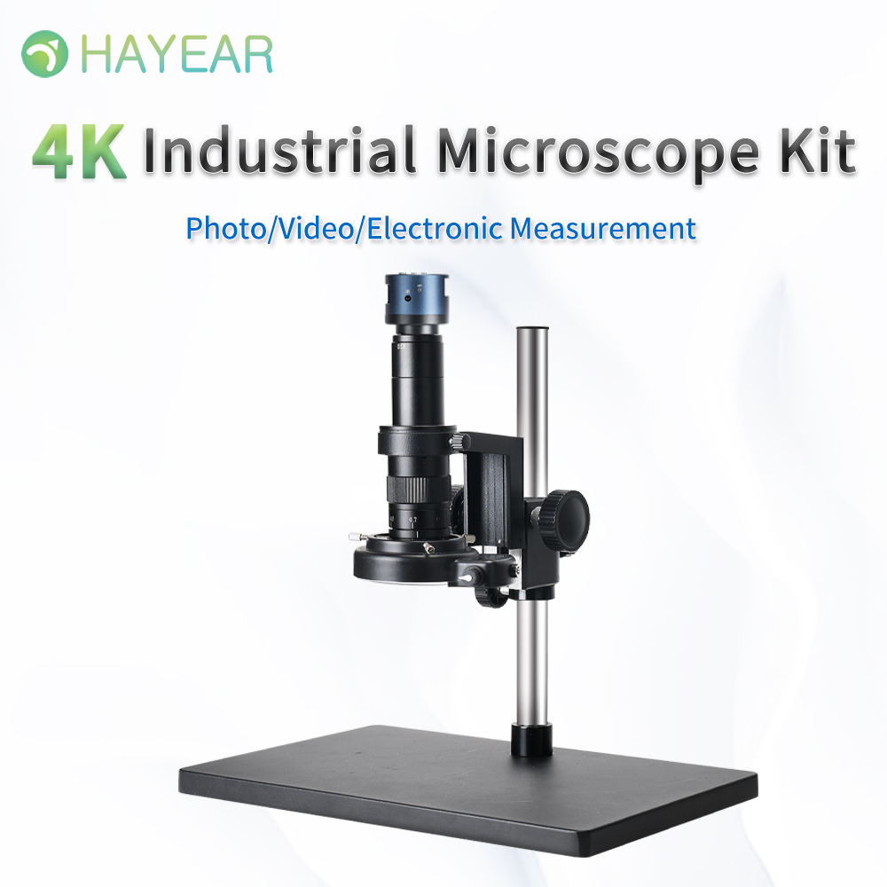 HAYEAR 4 K HDMI  USB output industrial microscope camera set with 180 X C -mount lens and 144 LED ring light, with universal bracket For education, scientific research, laboratory, PCB repair  etc.