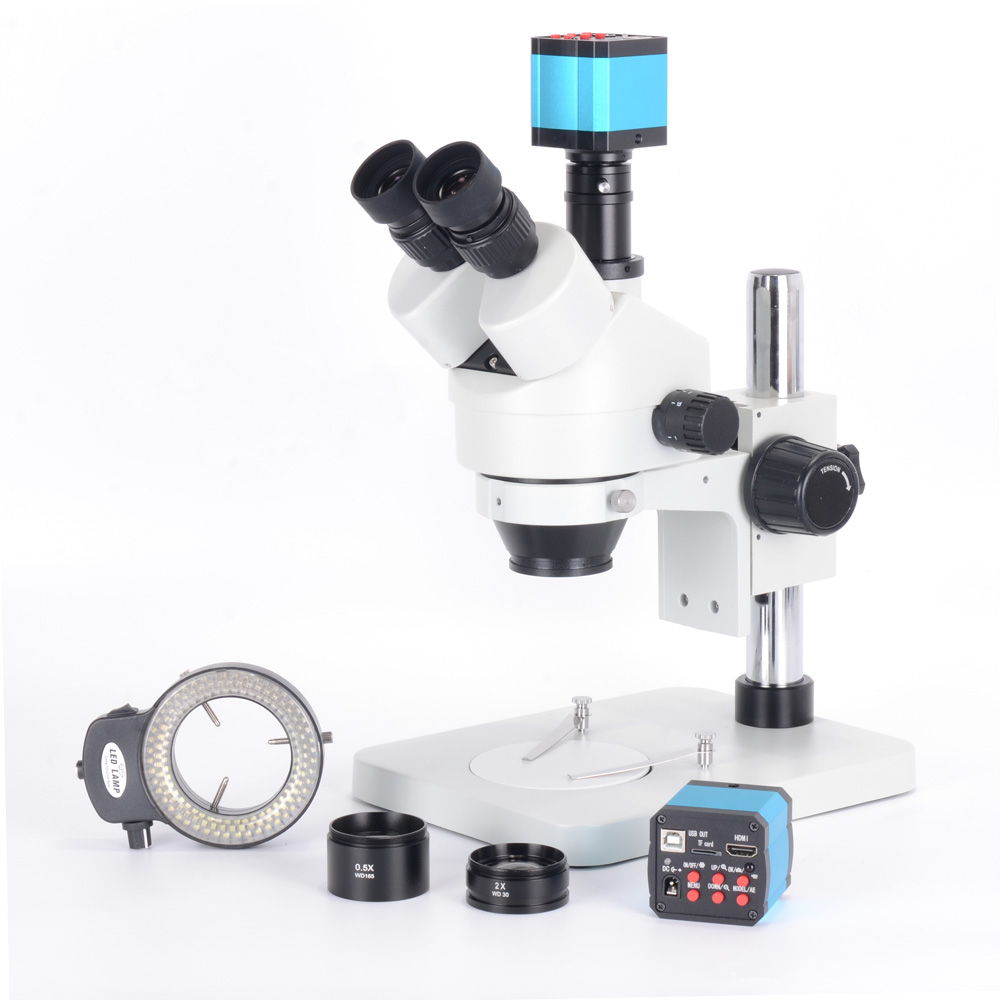HAYEAR Simul-focal 7X-45X Zoom Stereo HDMI 14MP Industry Binocular Microscope Head Camera 144 LED Light 0.5X-2X Auxiliary Objective Lens